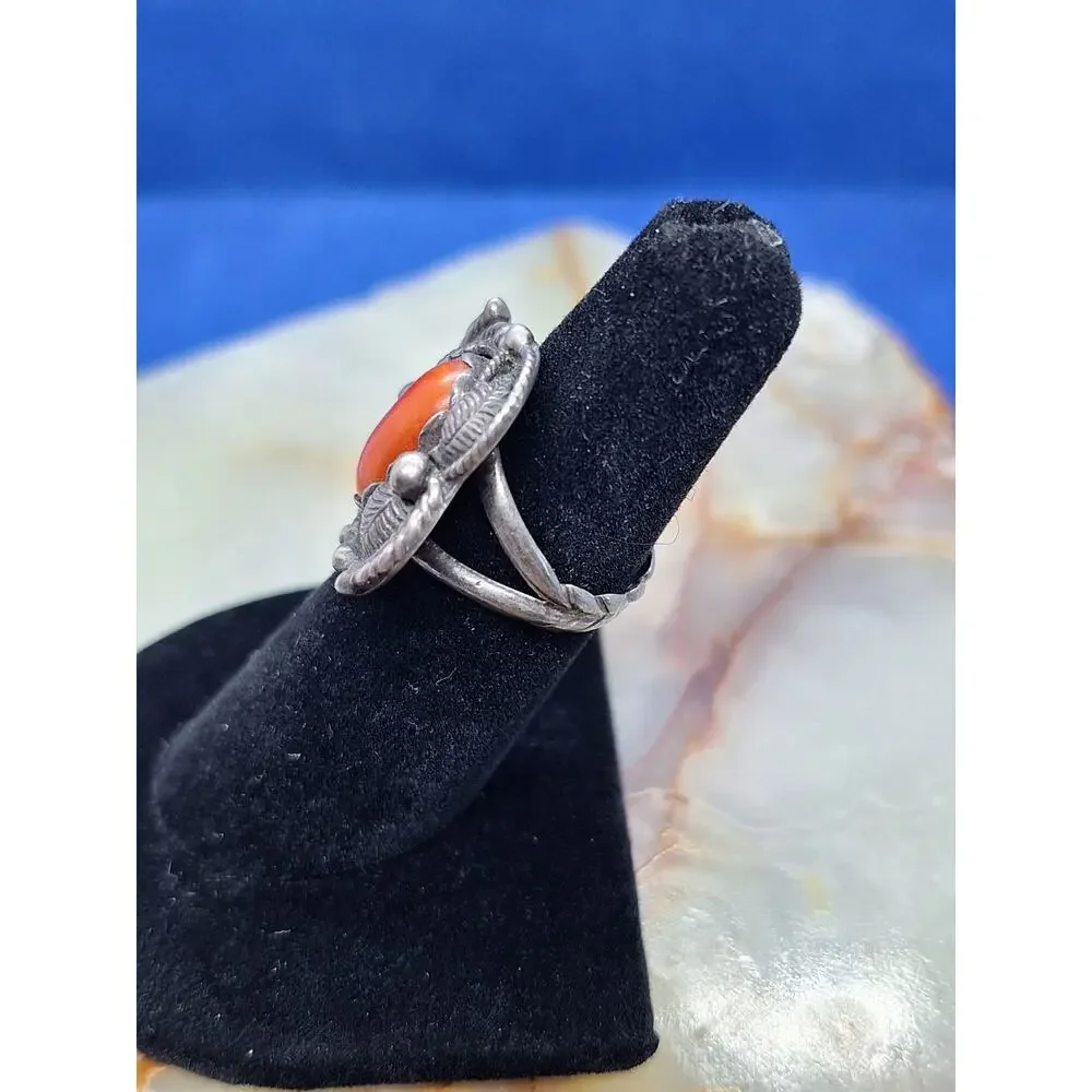 Les Baker Shop Navajo Sterling Silver Coral Ring B Hallmark Size 5.75 Vintage